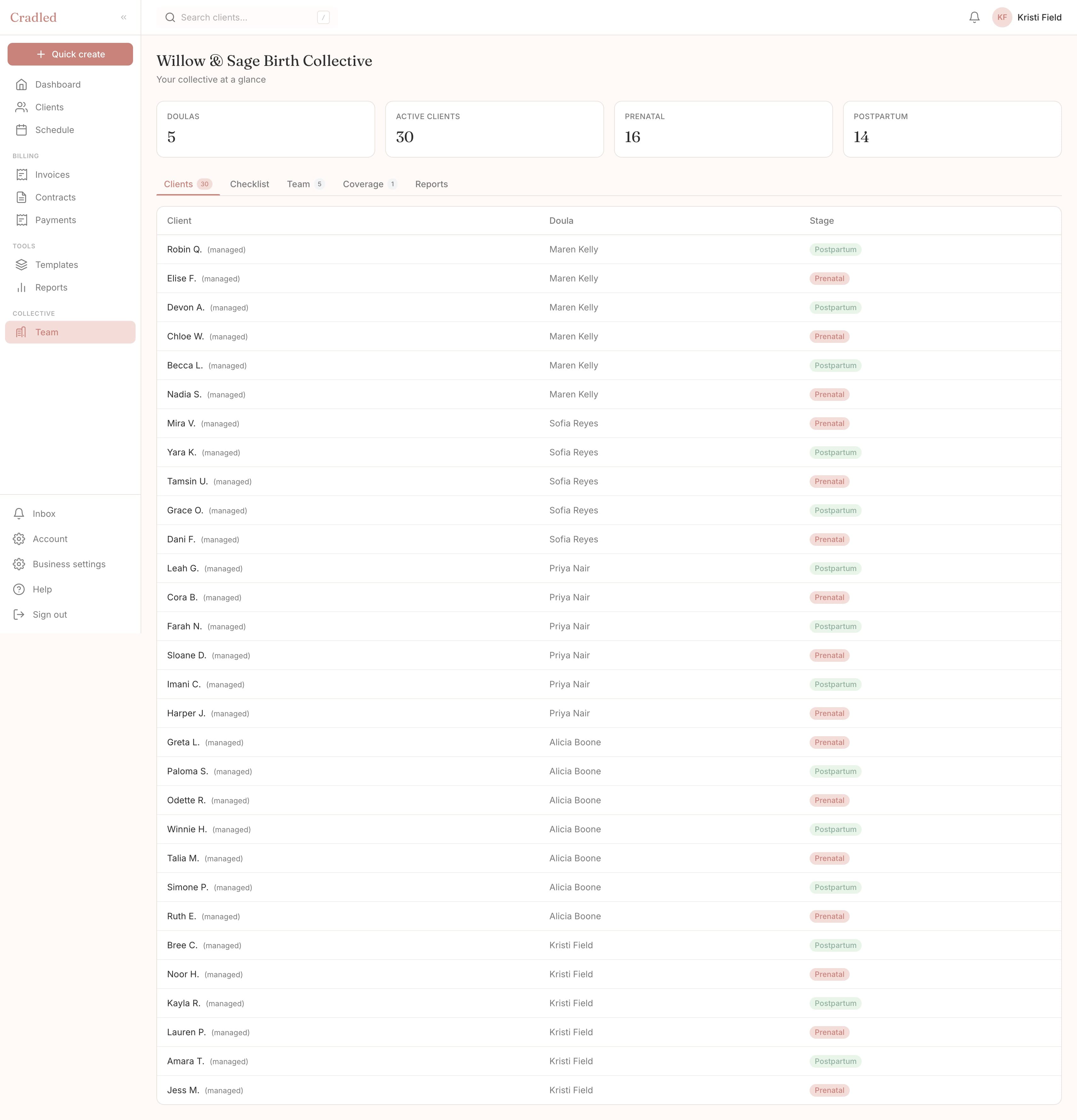 The Cradled Team dashboard — every client, care step, and coverage window across the collective on one page