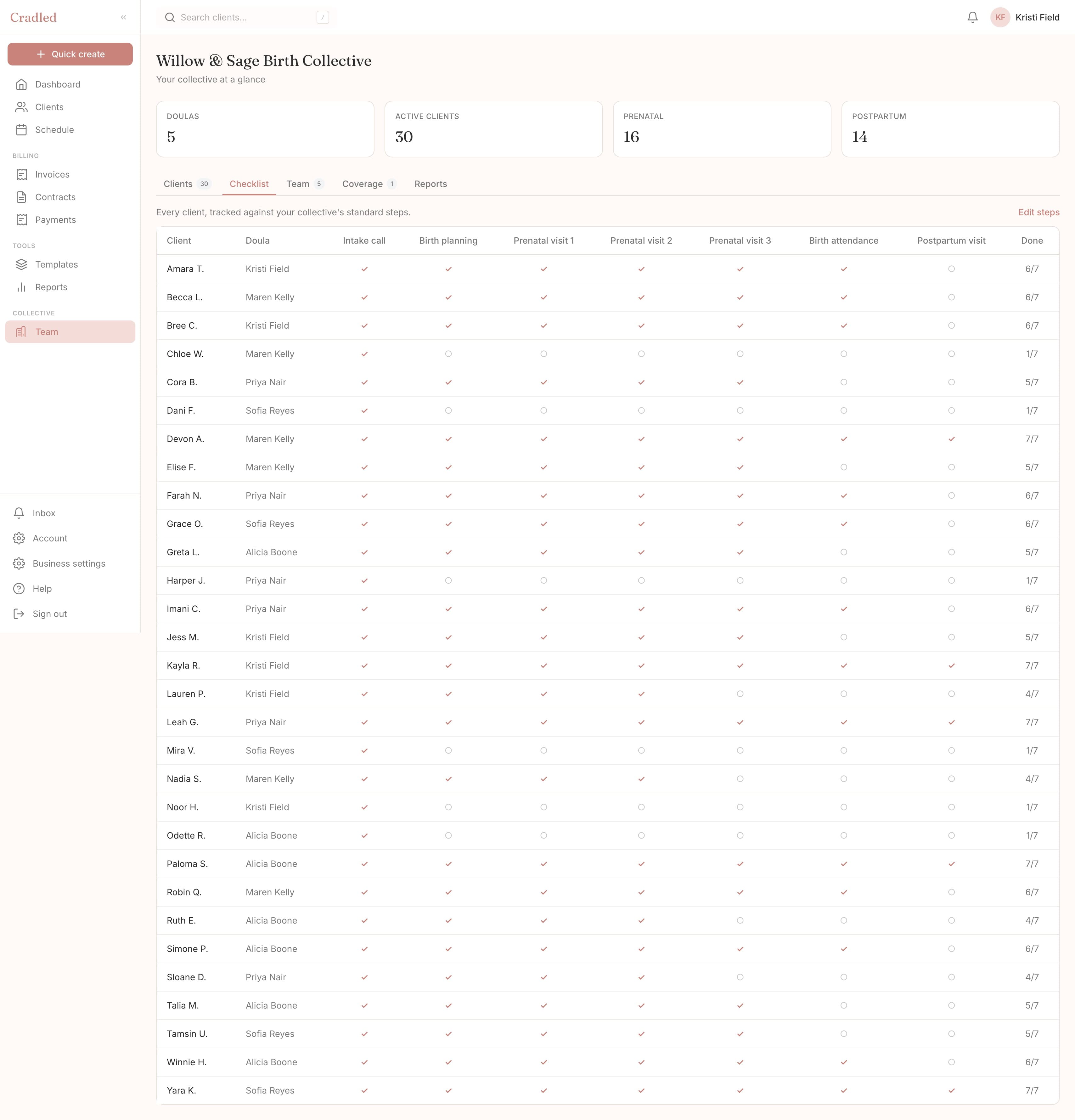 The shared client-flow matrix — every client tracked against the collective's standard care steps