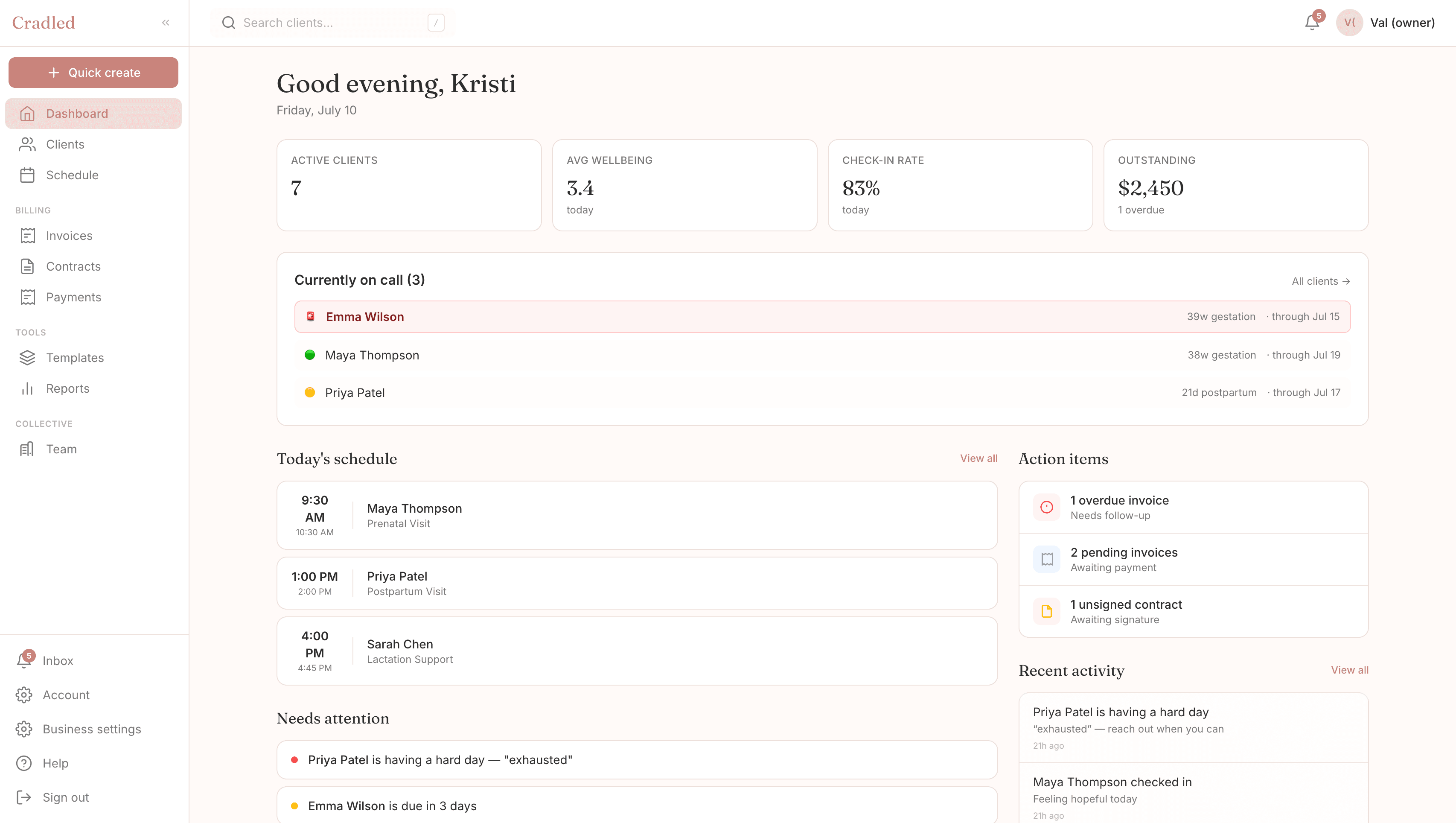 The Cradled practice dashboard — today's schedule, action items, and a clear view of every client
