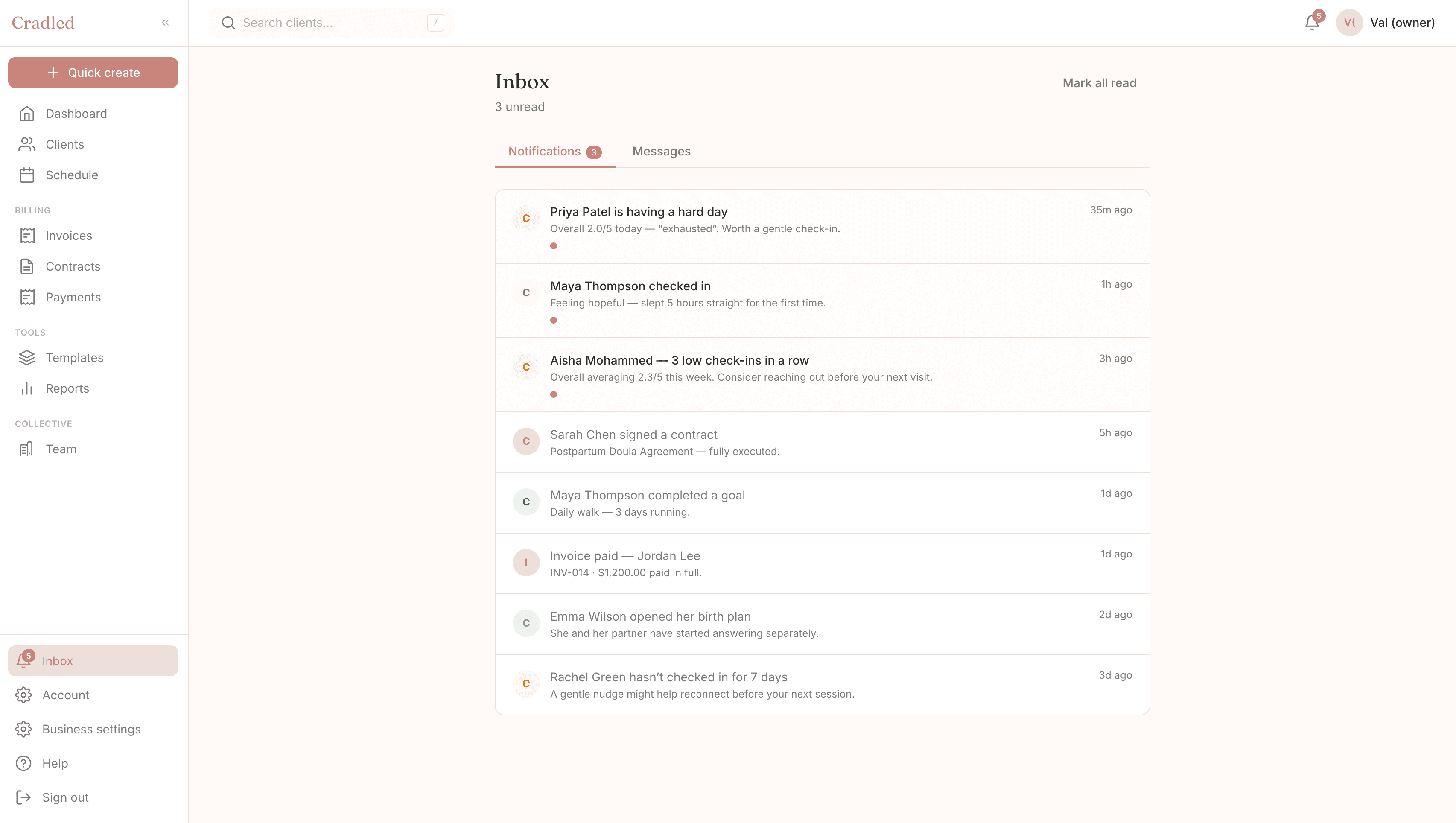 The Cradled inbox — client activity with labor-mode alerts and on-call windows front and center