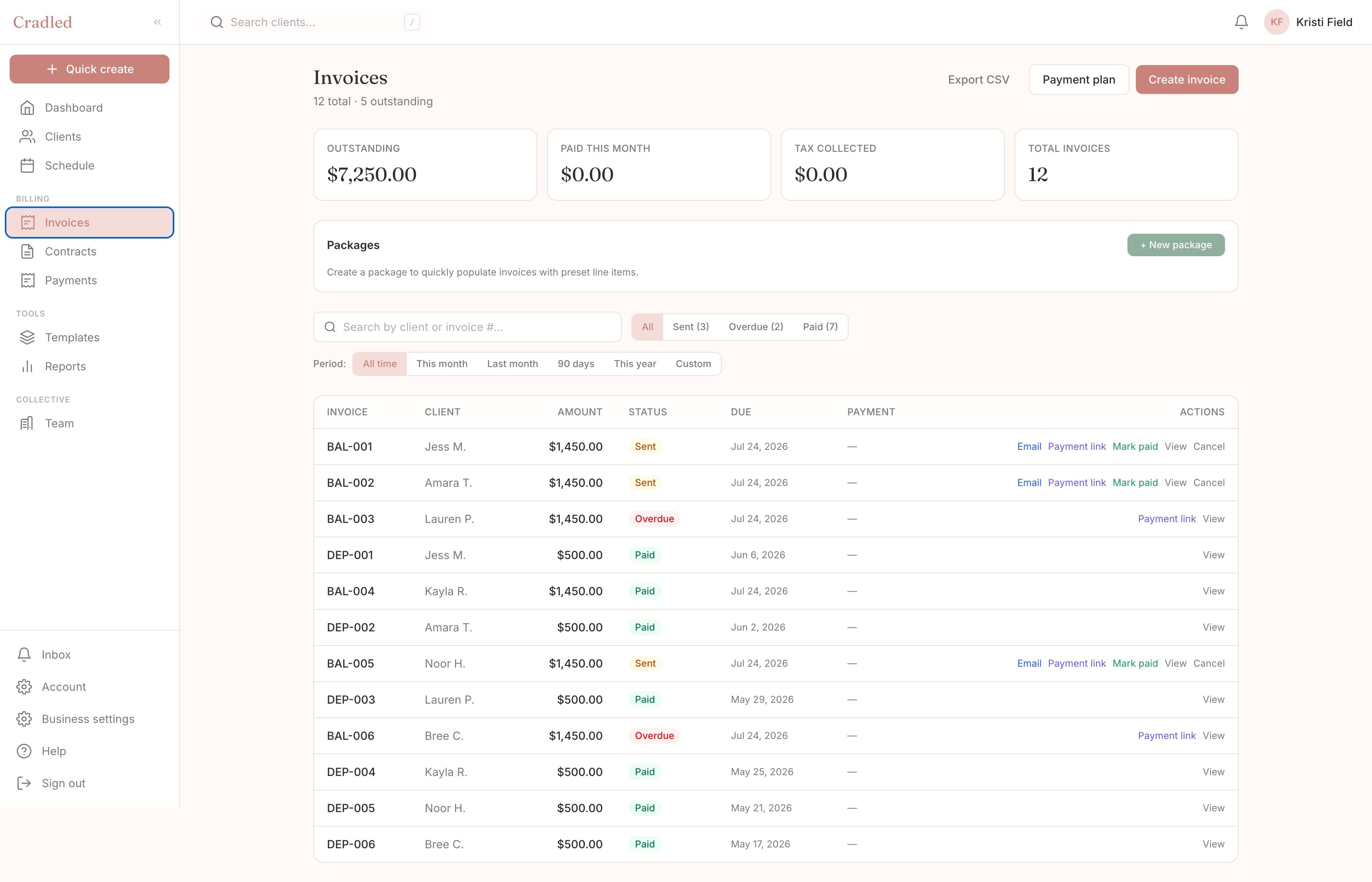 Invoices in Cradled — auto-charge payment plans, packages, and Stripe payment links in one place
