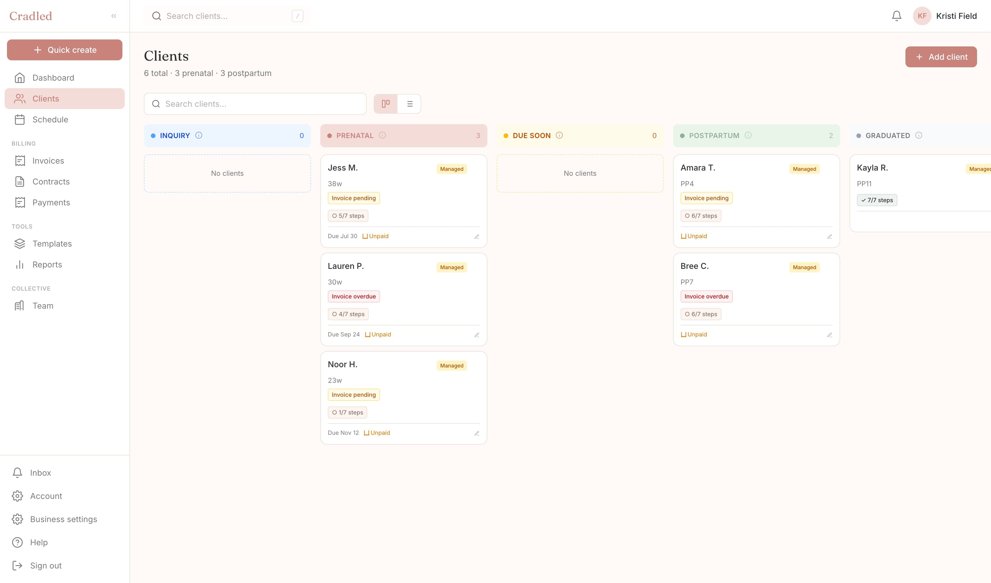Your client roster in Cradled — every family and where their care stands, at a glance